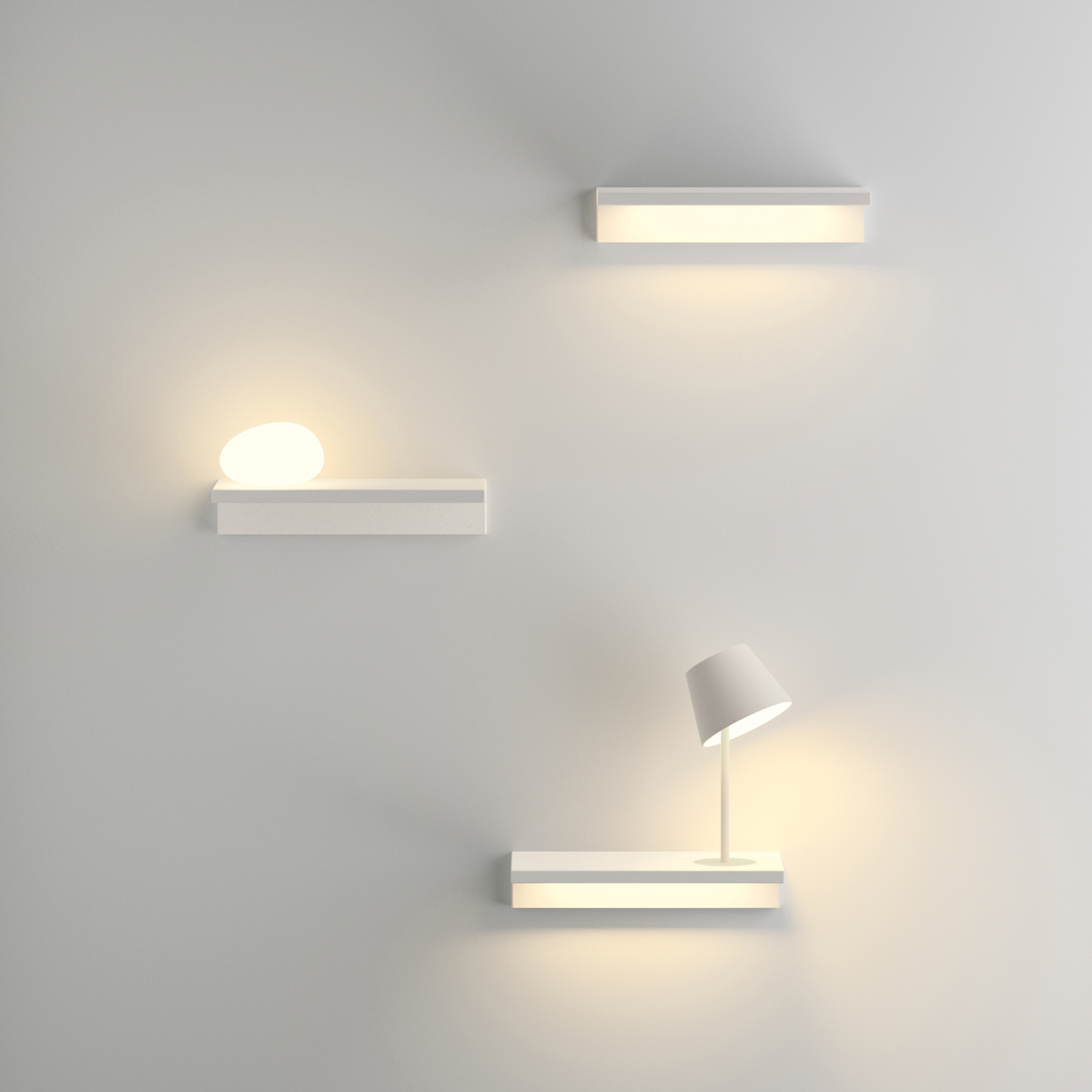 Vibia Suite 6040 Wandleuchte, mit Glasdiffusor, weiß matt, Vibia Suite 6035 Wandleuchte, weiß matt, und Vibia Suite 6046 Wandleuchte, mit Leselicht, weiß matt
