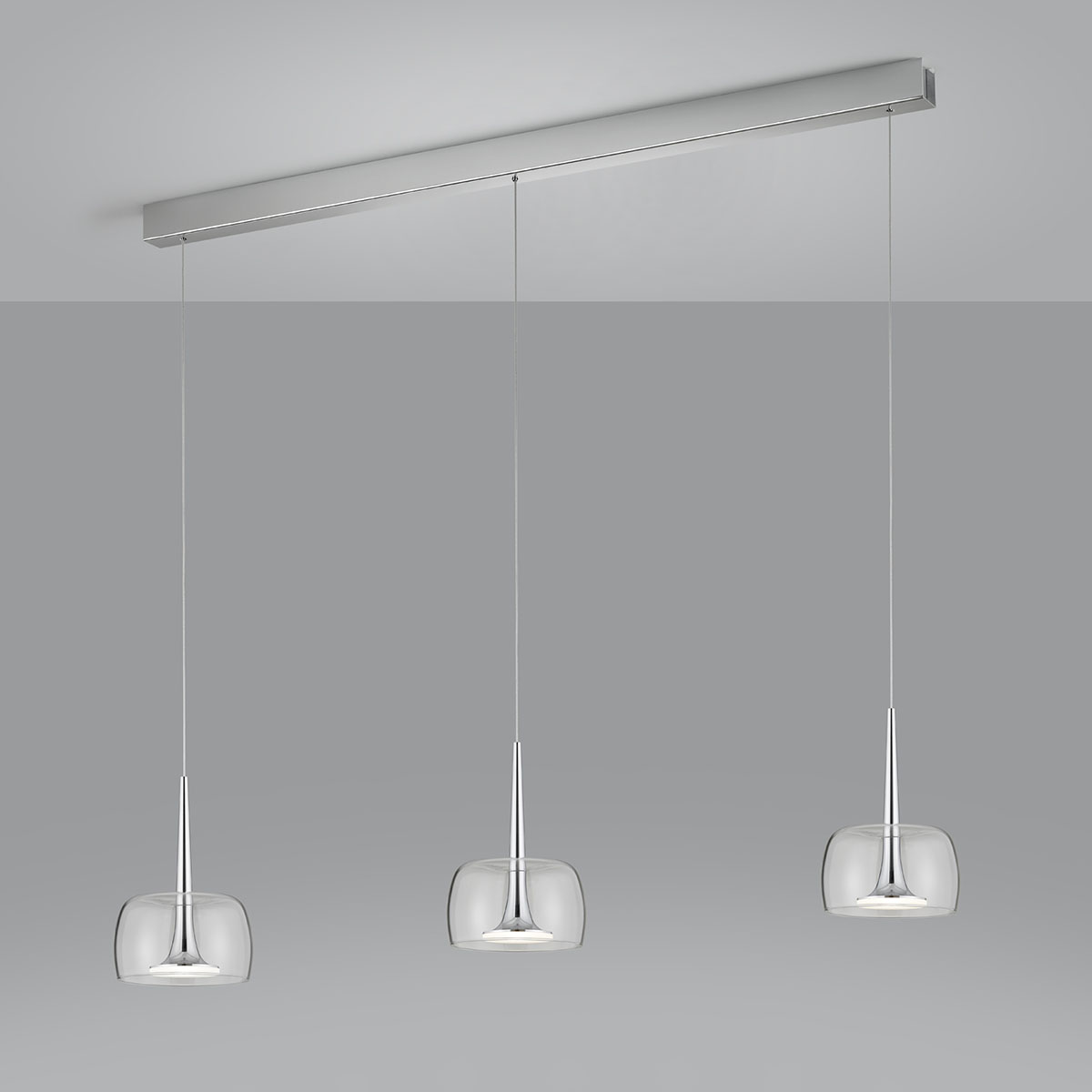 Helestra Flute LED Pendelleuchte, 3-flg., Chrom, Glasschirme: klar