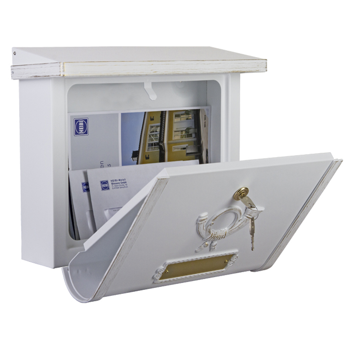 Heibi Multi Briefkasten, weiß / Gold (geöffnet)