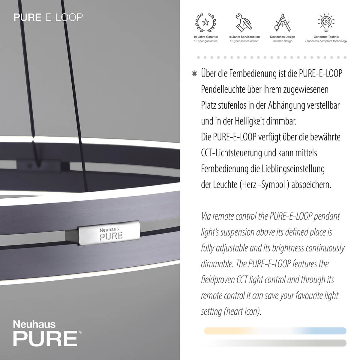 Neuhaus PURE PURE E-Loop LED Pendelleuchte mit e-LIFT und CCT, Ø: 50 cm, platin (grau eloxiert), fernbedienbar