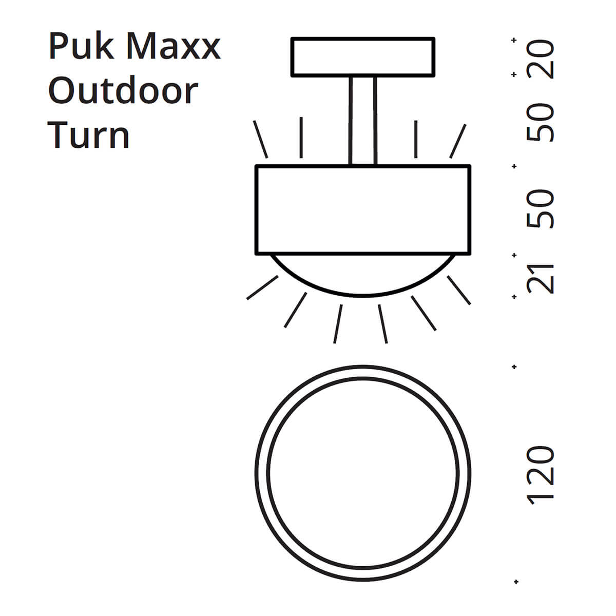 Top Light Puk Maxx Turn Outdoor Up & Down LED Deckenleuchte, Maßzeichnung