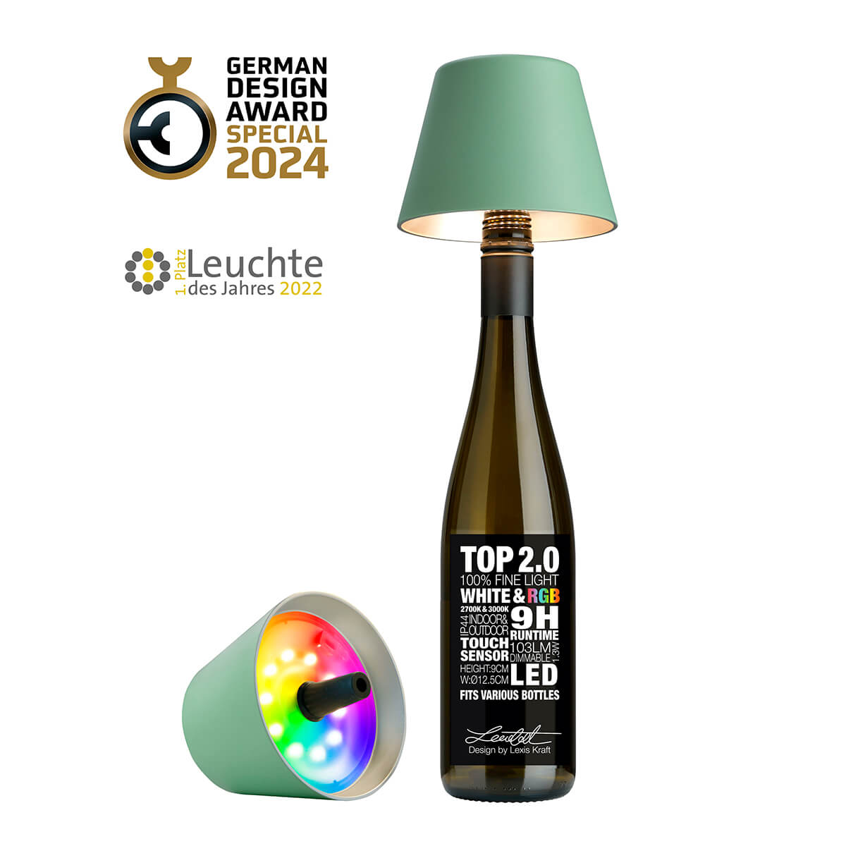 Sompex Top 2.0 RGB LED Akkuleuchte & Flaschenaufsatz, Gold (Flasche nicht inbegriffen