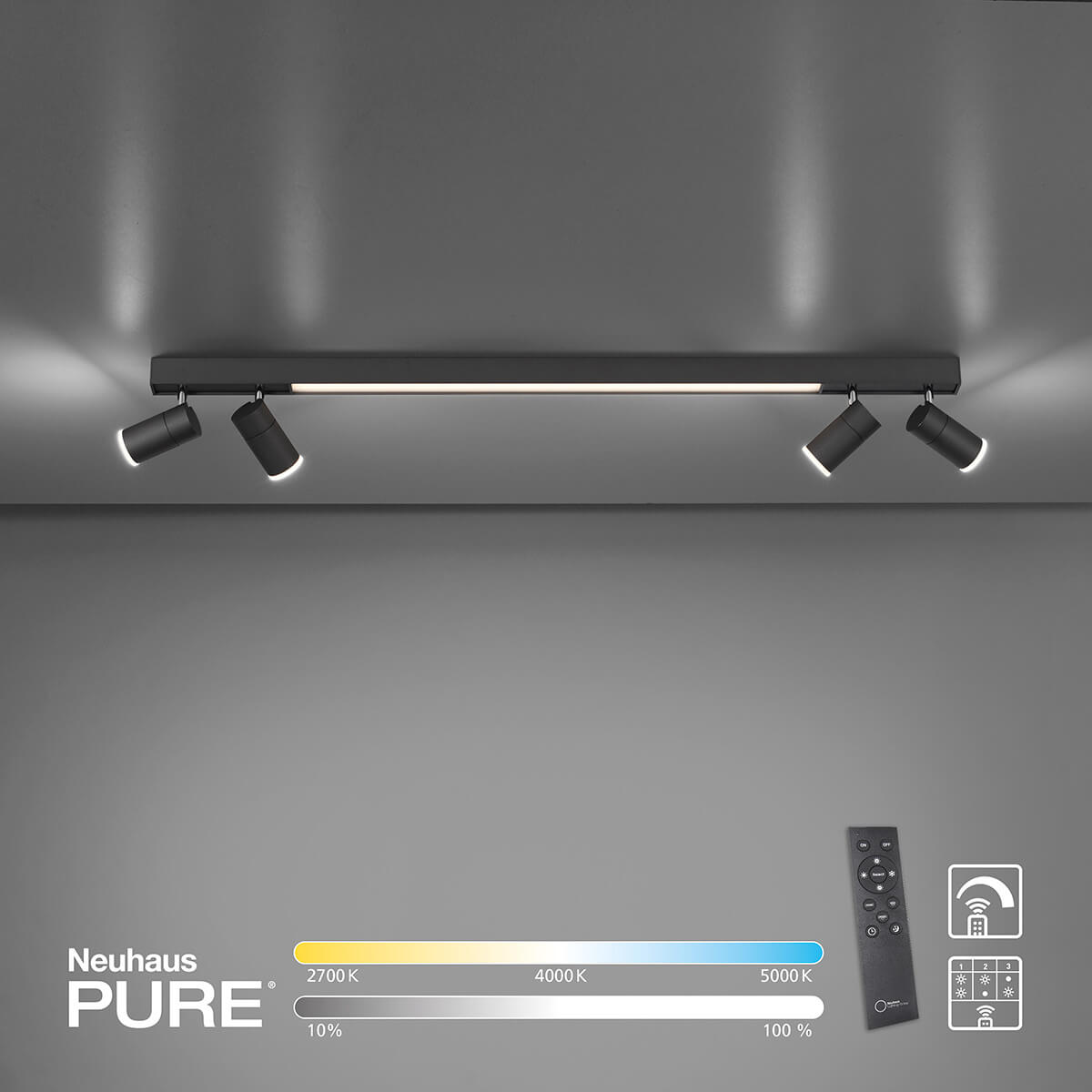 Neuhaus PURE Lines Spot LED Deckenstrahler, schwarz, inkl. Fernbedienung zum Steuern von Lichtfarbtemperatur und Lichtstärke