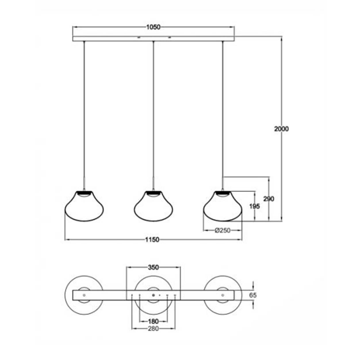 Fabas Luce Deva LED Pendelleuchte, 3-flg., Maßzeichnung