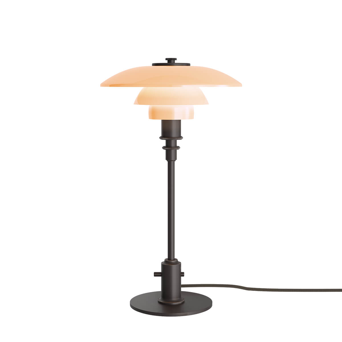 Louis Poulsen PH 2/1 Tischleuchte Limited Edition, Altmessing / Glas dusty terracotta (eingeschaltet)