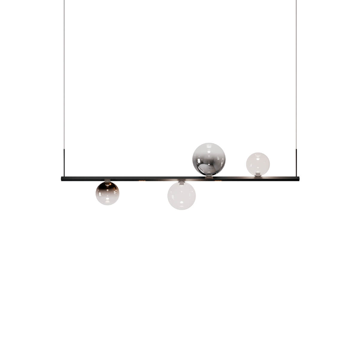 Lodes Random Stick Short LED Pendelleuchte, 4-flg., Pendel: schwarz, Gläser: rauchfarben glänzend / Chrom / transparent