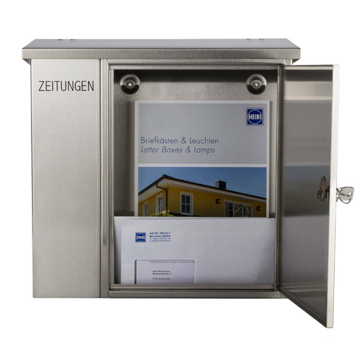 Heibi Briefkasten mit Zeitungsfach, Edelstahl, geöffnet