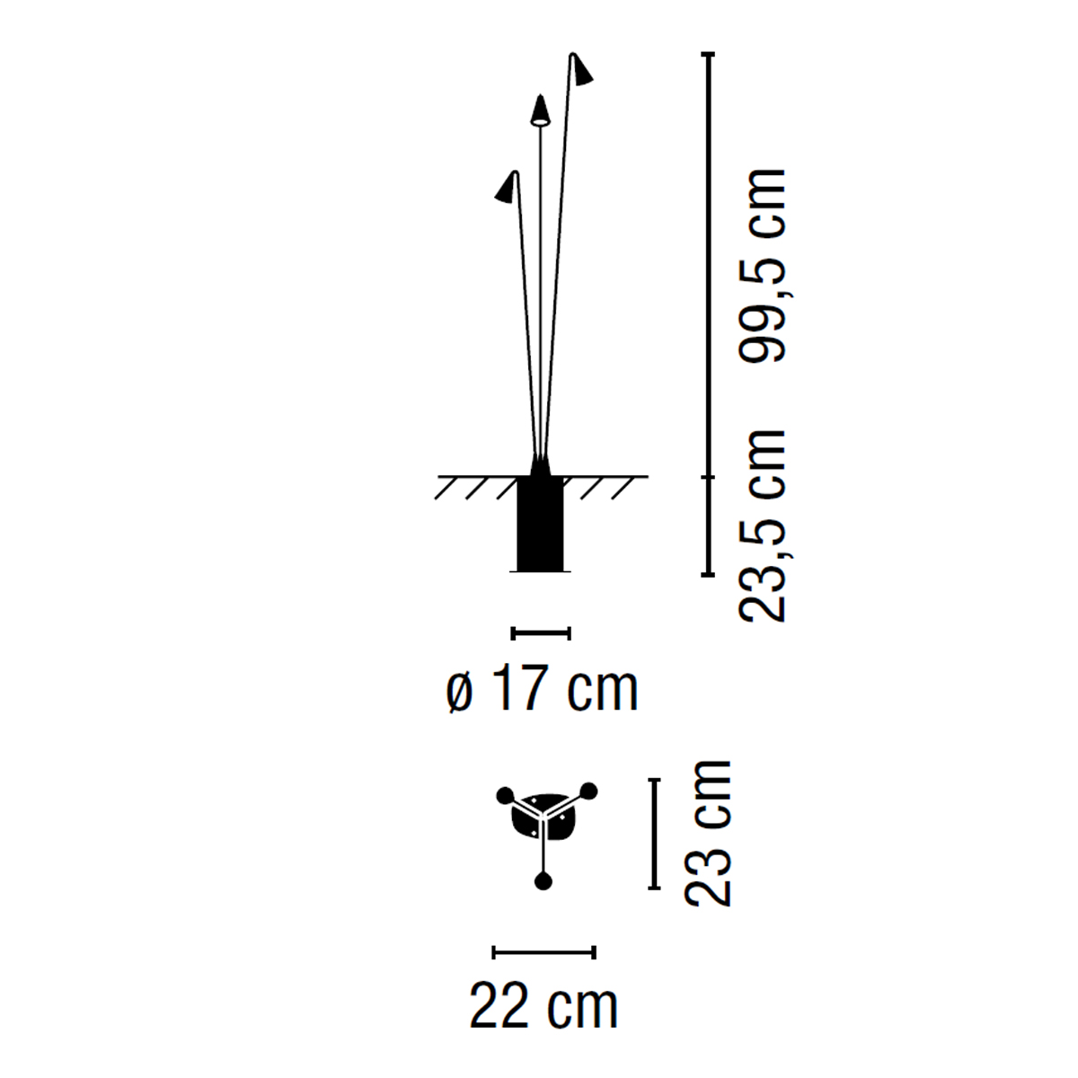 Vibia Brisa LED Außenleuchte, 3-flg., Maßzeichnung